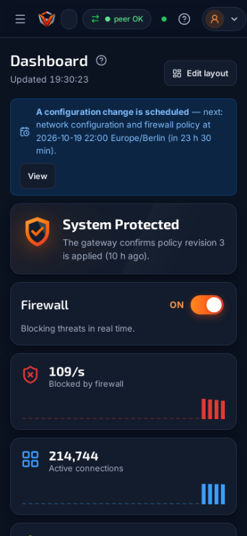 The same dashboard on a phone, in the dark theme