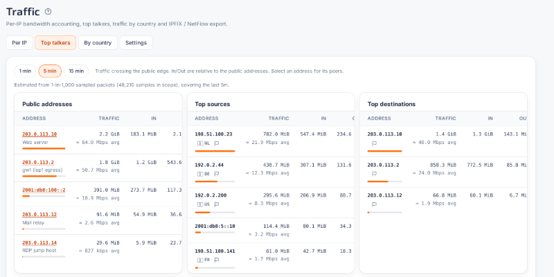 Top talkers in the VYREON console: public addresses, top sources and top destinations with traffic volumes and average rates